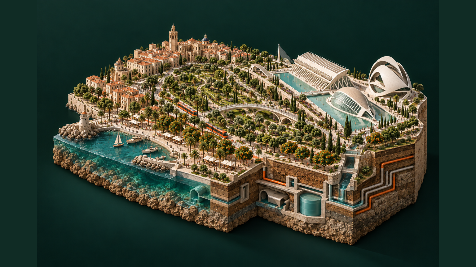 AI-generated conceptual miniature inspired by Valencia, not a geographic map
